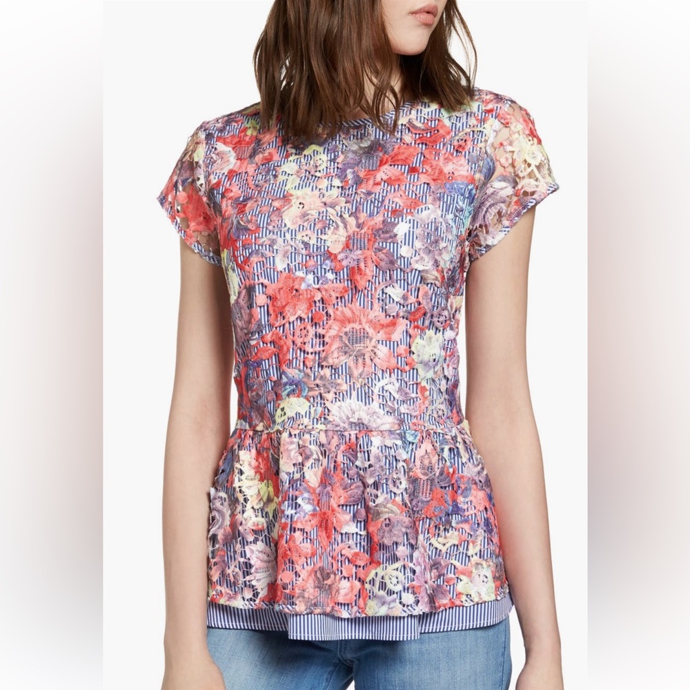 Halogen Lace Overlay Stripe Peplum Top